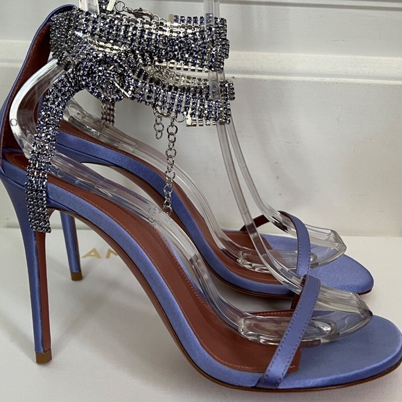 Amina Muaddi Giorgia Tanzanite Satin Crystal Ankle Wrap Sandals Pumps Heels - Picture 3 of 9